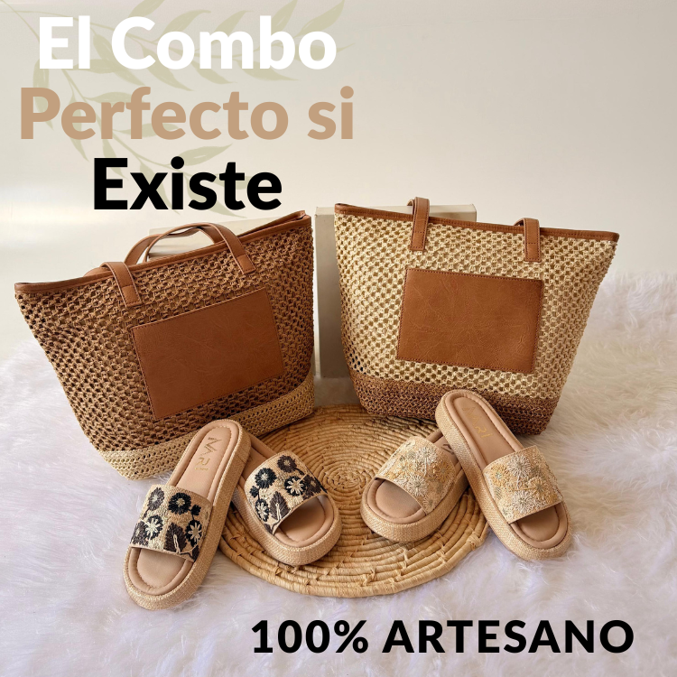 👜👡COMBO BOLSO & SANDALIA ARTESANOS🌺🍀♻ Bolso y sandalia fibra natural